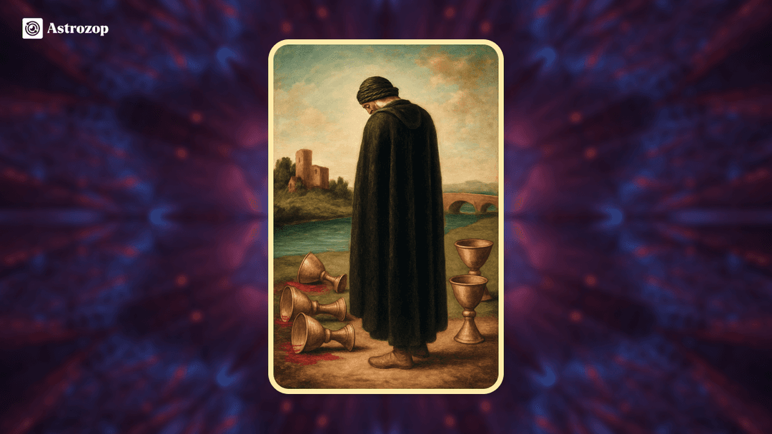 Five of Cups tarot card showing a cloaked figure mourning over three spilled cups