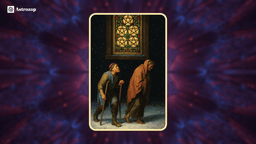 Five of Pentacles tarot card showing two weary figures walking in the snow