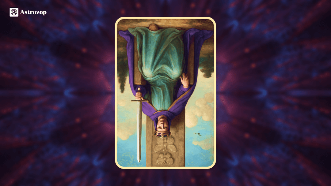 Reversed King of Swords tarot card showing a king on his throne holding a downward sword