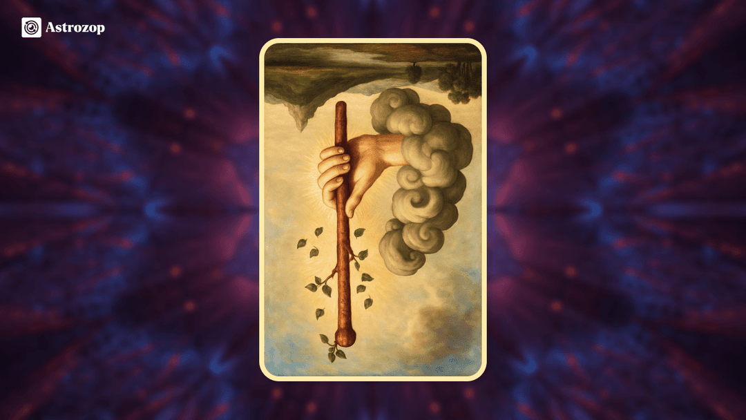 Reversed Ace of Wands tarot card showing an upside-down hand holding a wand