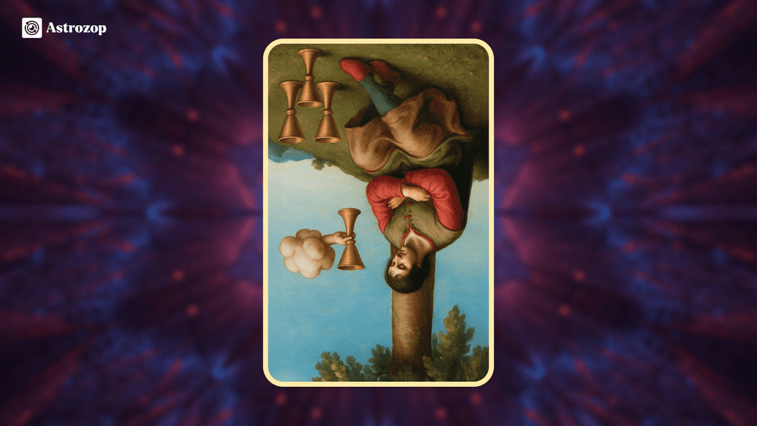 Reversed Four of Cups tarot card showing a figure under a tree